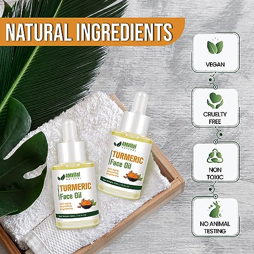 AMVital Turmeric Face Oil for Daily Use - Lightweight Facial Oil with Plant-Based Ingredients - Fast-Absorbing Formula for Smooth Looking Skin - 30ml Bottle
