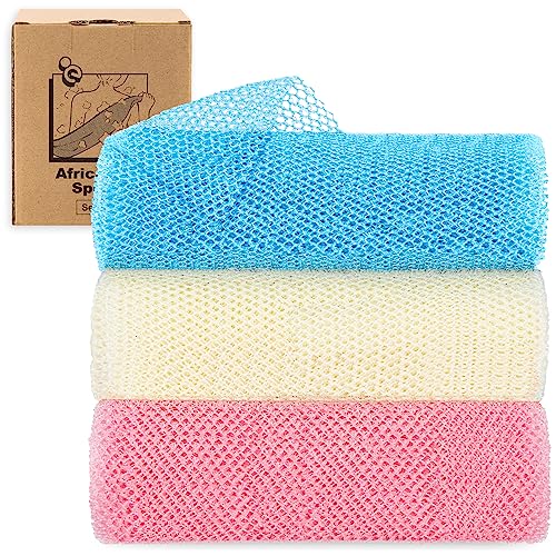myHomeBody African Net Sponge, African Bath Sponge, Body Exfoliator Scrubber, Bath Washcloths, Exfoliating Net, Shower Back Scrubber, Set of 3, Light Blue, Beige, Pink