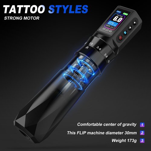 Tattoo Gun Kit Tattoo Machine 7 Strokes Length Kit with 2 * 1600mAh Batteries，20PCS Pro Tattoo Cartridge Needles, Complete Tattoo Set Black EF-TKE751A-1