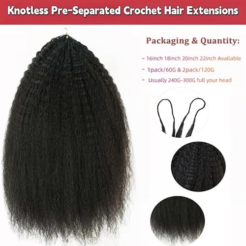 Knotless Pre-Separated Crochet Hair Extensions Kinky Straight 100% Human Hair Feather Crochet Braid Hair Extensions Natural Color 20Inch 120g