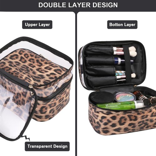 FITINI Makeup Bags Double Layer Travel Large Cosmetic Cases Organizer Toiletry Bags Waterproof Small Zipper Pouch for Women Makeup Brush Storage Bag,Brown Leopard