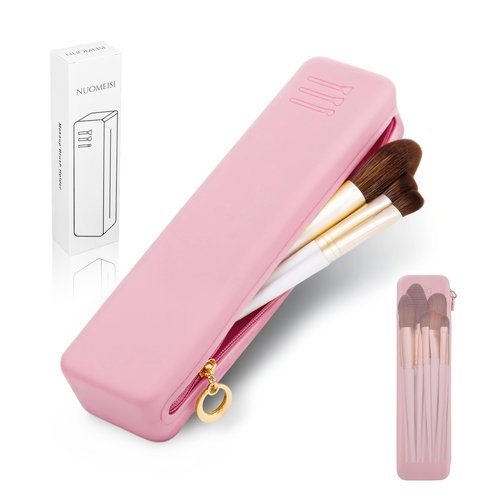 Nuomeisi Silicone Make up Brush Bag, Cosmetic Brush Holder, Large Capacity Makeup Container Built-in Zipper, Soft Portable Cosmetic Face Brushes Box Organize for Travel, Home, Office (Pink)