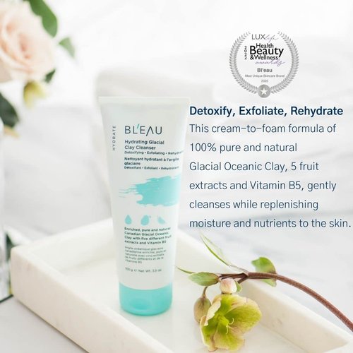 Bl'eau Hydrating Glacial Clay Cleanser detoxify exfoliate rehydrate Glacial Oceanic Clay and 5 fruits extracts to deep cleanse and soothe skin, cream to foam texture, cooling and hydrating skin feel (100 g (3.5 oz.))