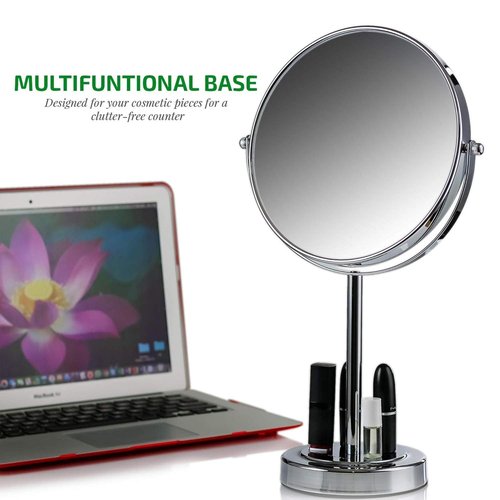 OVENTE 8" Tabletop Makeup Mirror with 1X/7X Magnification, 360° Swivel Design and Double-Sided Free-Standing Vanity Mirror Perfect for Bathroom, Bedroom, Office & Travel, Polished Chrome MNLMT80CH1X7X