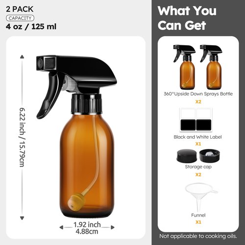 Tecohouse 360° 4 OZ Amber Glass Spray Bottles, 2 Pack Empty Refillable Containers with Adjustable Spray Nozzles, Spray Bottles for Cleaning Solutions, Plants, Hairs