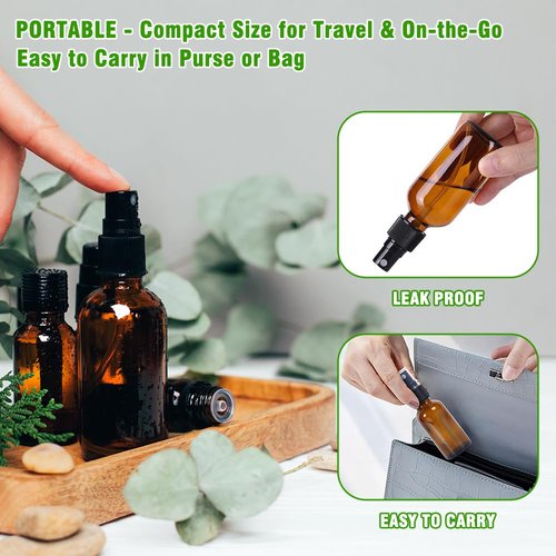 YUNFOOK 2oz Amber Glass Spray Bottles for Essential Oils, Hair, Skincare, Cleaning & Travel,2-Pack Small Empty Spray Bottle