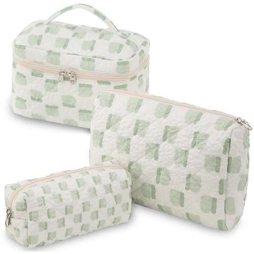 RIGHT AWAY Large Quilted Makeup Bag Set,3 Pcs Travel Make Up Bags for Women Girls,Cute Coquette Aesthetic Cosmetic Pouch Toiletry Bag,Preppy Makeup Brushes Organizer (Green)