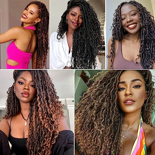 Ombre Grey Crochet Hair For Women Human Hair,18 Inch 7 Packs Boho Goddess Locs Crochet Hair,Pre Looped Goddess Faux Locs With Curly Ends,Hippie Locs Crochet Hair Braid(18in,7packs,T1B/Gray#)