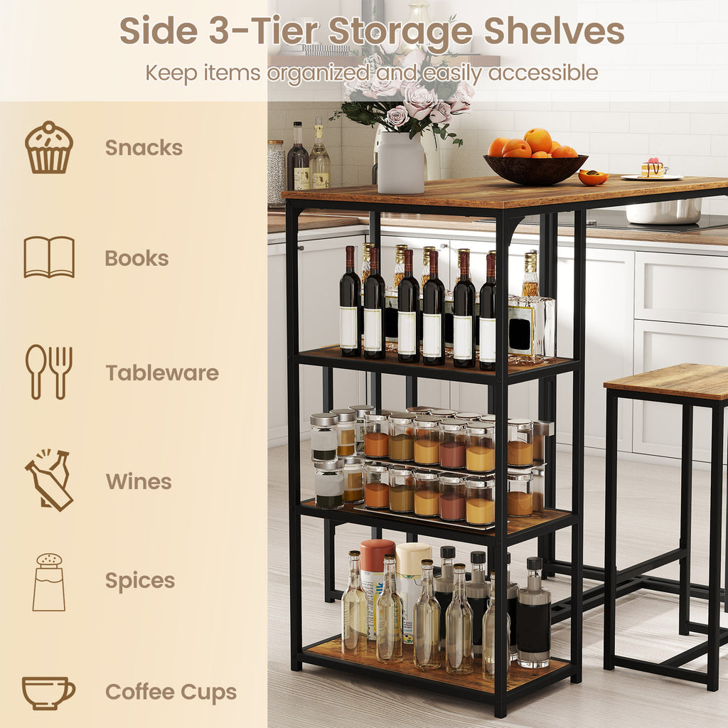 3-Piece Bar Table Set with 2 Stools, Rustic Brown
