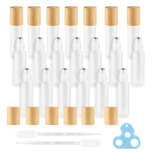 DynnnDy 20 Pcs 10ml White Frosted Glass Essential Oil Roller Bottles with Bamboo Lid Refillable Deodorant Containers with Stainless Steel Roller Balls Roll-on Bottles for Perfume Lip Gloss