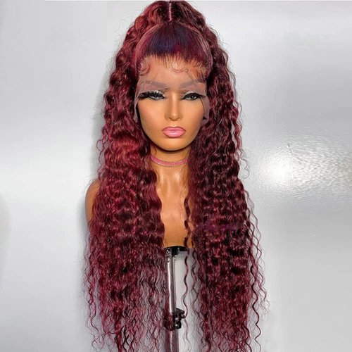 zikria Burgundy 99J Colored Curly Human Hair Lace Front Wigs 13X4 Transparent Lace Front Wigs Human Hair 150% Density Brazilian Virgin Hair Pre Plucked with Baby Hair 20 Inch