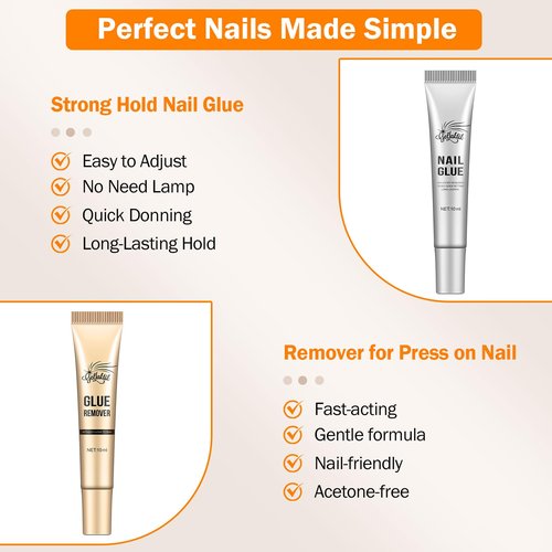 GELLAKTIK 10g Nail Glue for Press On Nails - Super Strong, Quick Drying, Long Lasting Adhesive for Fake Acrylic Nails & Tips, No UV Light Needed, Includes Nail Glue Remover for Press On Tips