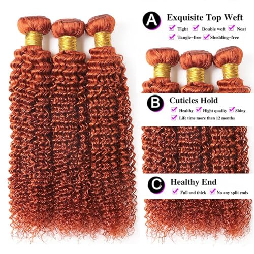 Ginger Orange Kinky Curly Bundles Human Hair Color 350 Curly Human Hair Bundles 8a Grade Double Weft Remy Hair Wet and Wavy Bundles Soft and Silky for Black Woman (24 26 28 inch,3 Bundles)