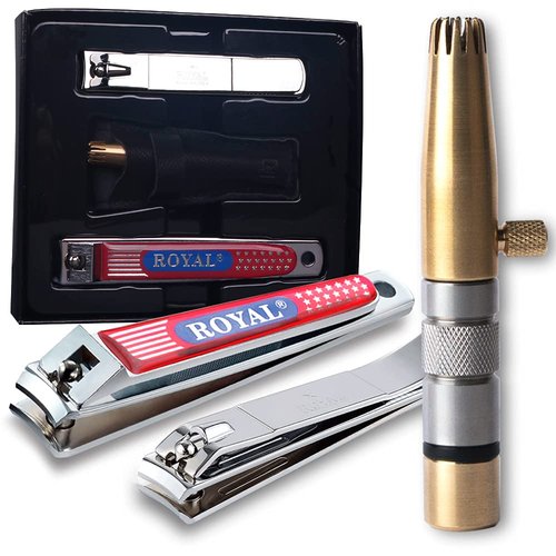 ROYAL [Made in Korea] NO Battery,3 Pcs Nose Hair Trimmer Set,Value Pack(Nose Hair Trimmer with 2 Nail Clippers) The Best Gift for Family, (Black&Brass)