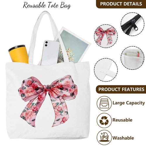 Christian Gifts for Women, Girls Preppy Bow Canvas Tote Bag Makeup Bag Set, Inspirational Bible Verse Religious Gifts Birthday Anniversary Nurse Mothers Day Reusable Grocery Bags Travel Cosmetic Bags