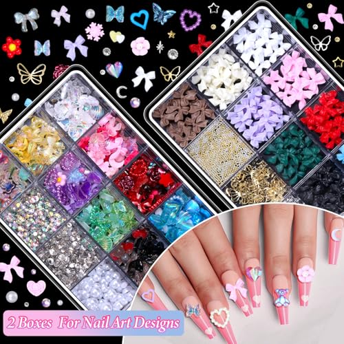 2 Boxes 3D Bow Nail Art, Carviar Beads for Nail Art, Assorted Flower Heart Butterfly Acrylic Bows Nails Charms with Pearls Gems Bead for Nail Design DIY Y2K Supplies