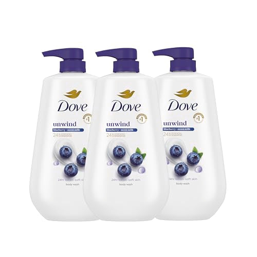 Dove Body Wash 3 Count Unwind Blueberry & Moon Milk For 24hr Lotion-Soft Skin Moisturizing Skin Cleanser with No Sulfates No Parabens