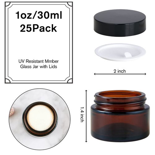 1oz Glass Jar with Lid, Hoa Kinh 30Pack Amber Round Containers Cosmetic Glass Jars with Inner Liners and Black Lids Travel Jars for Storing Lip and Body Scrub, Lotion, Body Butter, Bath Salts, Liquid