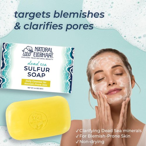 Natural Elephant Dead Sea Sulfur Soap 4.4 oz with Dead Sea Salt, Aloe Vera, Sulphur Face and Body Cleanser Bar for All Skin Types (6 Pack (26.4 oz Total))
