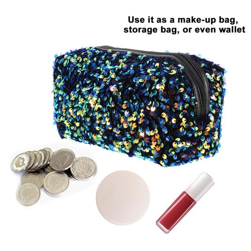 KESYOO Glitter Sequin Cosmetic Bag, Portable Travel Makeup Bag, Lightweight Large Capacity Toiletry Organizer for Women and Girls, Sparkly Square Storage Pouch for Cosmetics and Accessories (Blue)