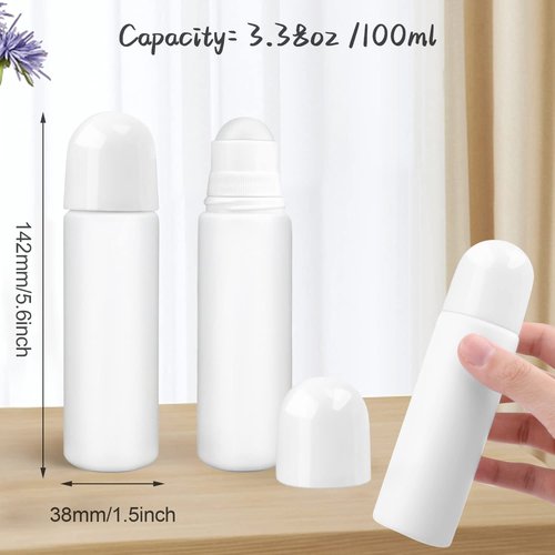 Cositina 8 Pack 100ml/3.38oz Plastic Roller Bottles Empty Refillable Roll On Bottle Leak-Proof Deodorant Containers Anti-perspirant Dispenser for Essential Oil Perfumes Balms - White