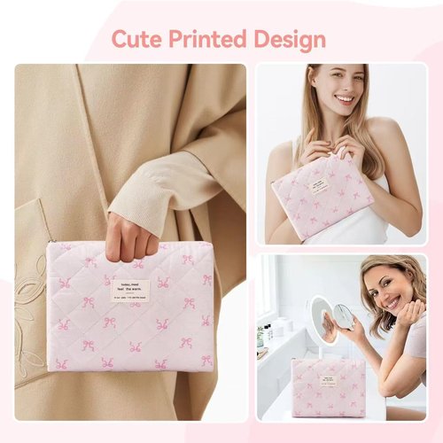 MZLUWM Large Travel Quilted Makeup Bag，Cute Bow Cotton cosmetic bag, Fashionable aesthetic makeup bag,Coquette Aesthetic Floral Travel Toiletry Bag for Women