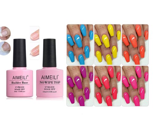 AIMEILI Gel Nail Polish Summer Color Gel Polish, Builder Base and No Wipe Top Set