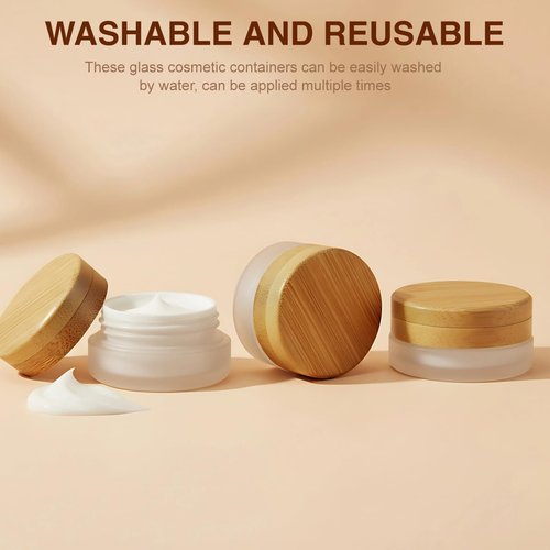 2PCS 5g/5ml/0.17oz Empty Upscale Frosted Glass Cream Jar Bottle Cosmetic Dispenser Refillable Container Pot Vial Holder Sample Storage with Eco Bamboo Lid For Eye Cream Lotion Ointments Lip Balm