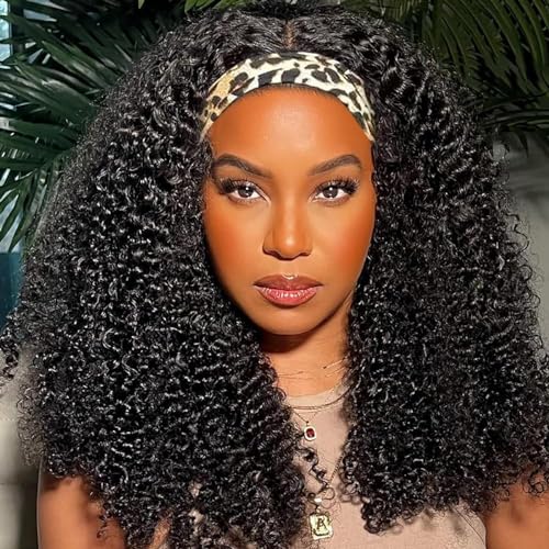BLY Afro Curly Headband Wig Human Hair Half Wig for Women Glueless Kinky Curly 3 In 1 Wig 10A Grade 180% Density Natural Black Middle Part Headband Wigs 24 Inch