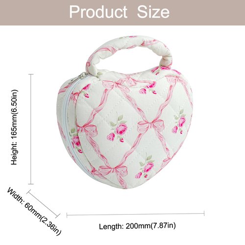 WHJM Cute Heart-shaped Handy Makeup Bag, Small Floral Makeup Pouch, Ideal for Daily Beauty Essentials for Women (Pink Bowknot Rose)