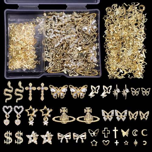 320 Pcs 3D Gold Nail Charms, Cross Snake Star Heart Dangle Nail Gems Charms, Bow Planet Dollar Butterfy Nail Gems for Alloy Nails, Rivet Nail Charms Rhinestones for Nails Art DIY Design