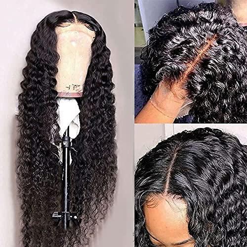 JIETAI 4x4 Curly Human Hair Wig 180% Density Deep Wave Lace Front Wig Glueless Wigs Human Hair Pre Plucked Curly Wig HD Lace Wig for Black Women (32 Inch)