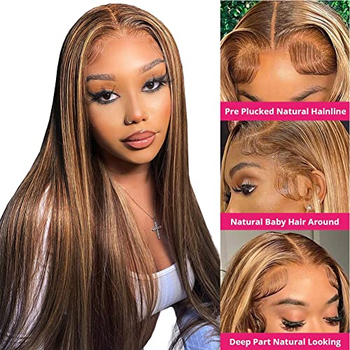 Ombre Highlight Lace Front Wig Human Hair Pre Plucked 4x4 HD Lace Closure Wigs with Baby Hair, 150% Density 4/27 Colored Honey Blonde Straight Lace Front Wigs Human Hair Wigs for Women 20 Inch