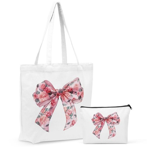 Christian Gifts for Women, Girls Preppy Bow Canvas Tote Bag Makeup Bag Set, Inspirational Bible Verse Religious Gifts Birthday Anniversary Nurse Mothers Day Reusable Grocery Bags Travel Cosmetic Bags