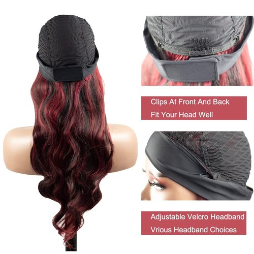 YiweYowe 22 Inch P1B99J Highlight Headband Wig Human Hair 150% Density Grade 8A Unprocessed Brazilian Virgin Hairs Machine Made Burgundy Body Wave Headband Wig Human Hair For Woman