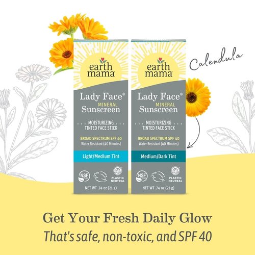 Earth Mama Lady Face® Tinted Mineral Sunscreen Stick, SPF 40 Medium/Dark Tint | Contains Organic Shea & Cocoa Butter | Foundation + Concealer + Contour, Blends with Most Skin Tones