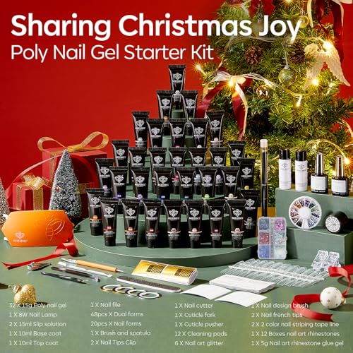 Modelones 133pcs Poly Extension Gel Nail Kit, 32 Colors All Seasons Poly Gel kit with Nail Lamp Slip Solution Builder Thickening Manicure Tools for Starter Salon DIY