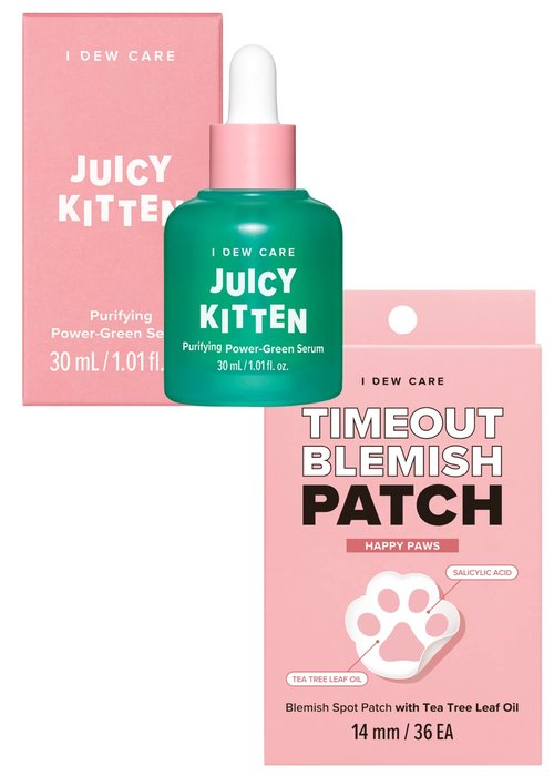I Dew Care Hydrocolloid Acne Pimple Patch - Timeout Blemish Happy Paws | 36 Count (14mm) + Face Serum - Juicy Kitten | Purifying Power-Green Korean Skincare with Niacinamide, 1.01 Fl Oz Bundle