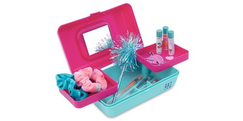 Caboodles Pretty In Petite - Social Butterfly Makeup Organizer | Compact Carrying Cosmetic Case, Hot Pink Lid & Blue Base