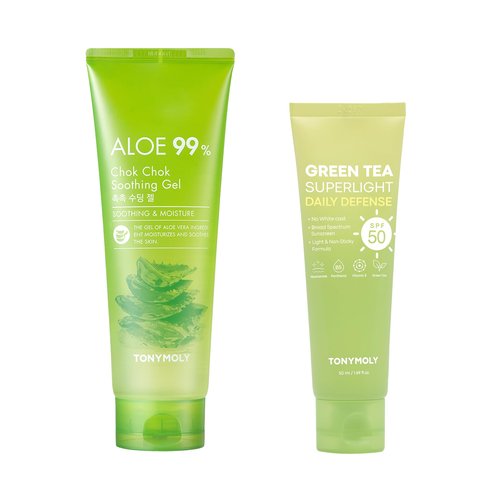 TONYMOLY Green Tea SPF 50 Sunscreen & Chok Chok Aloe Vera Soothing Gel - Korean Skincare Bundle (50ml & 8.5 oz)