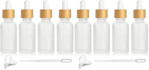 4 Pcs Bamboo Frosted Glass Eye Dropper Bottle,Empty Essential Oil Bottles With Pure Glass Pipettes,Bamboo Cap Makeup Travel Cosmetic Sample Container-Pipette&Funnel included (30ml/1 Ounce) (Pack of 2)