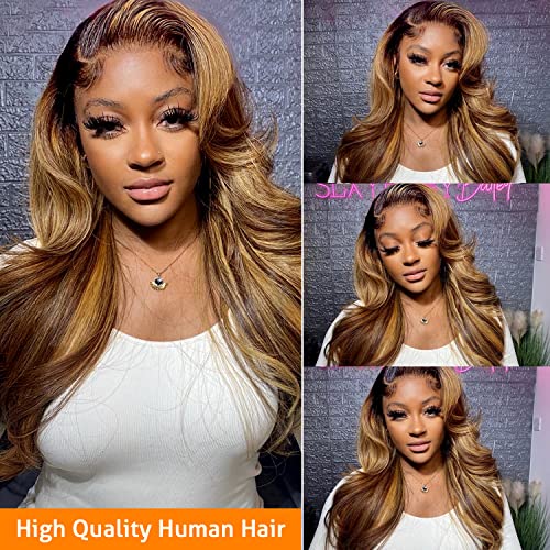 28 Inch Highlight Ombre Lace Front Wigs Human Hair 13x6 Body Wave Frontal Wigs Pre Plucked With Baby Hair 180% Density 4/27 Colored Honey Blonde Wig Human Hair for Women