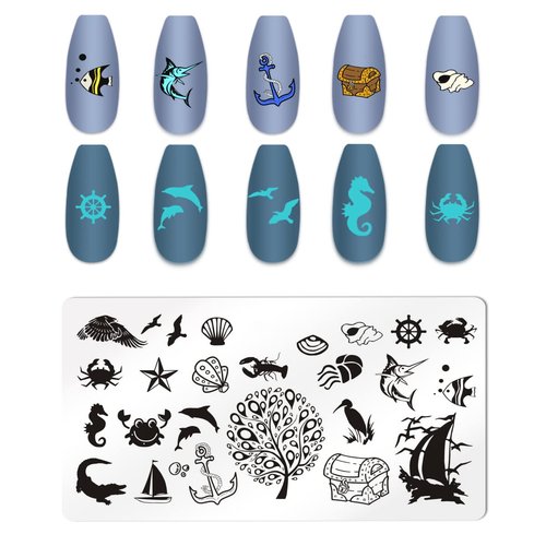 JERCLITY 6pcs Seaside Scenery Nail Stamping Plate Nail Stamping Kit for Nails Summer Beach Coconut Trees Sunset Waves Sea Animals Image Plates Nail Art Design Template Print Nail Stamper Kit for Women