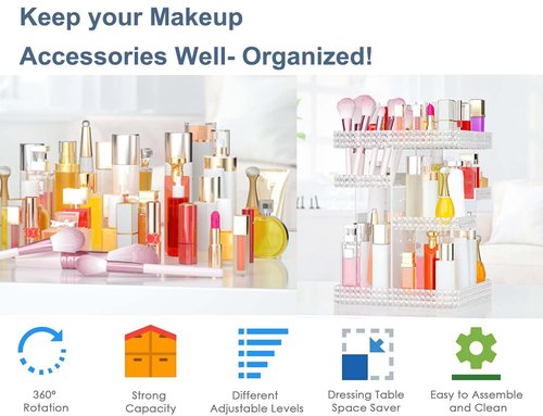 BOCONY Rotating Makeup Organizer, Large Capacity Cosmetic Display Case, Acrylic Skincare Organizer with Makeup Brush, Makeup Storage Organizer for Dresser Countertop and Bathroom Vanity - Clear