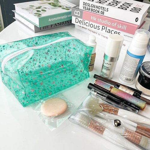 TotePrint 1PCS Star Printing Clear Cosmetics Makeup Bag Waterproof Travel Toiletry Storage Bag Vinyl Plastic PVC Zippered Organizer for Girls Friends Women (pink)