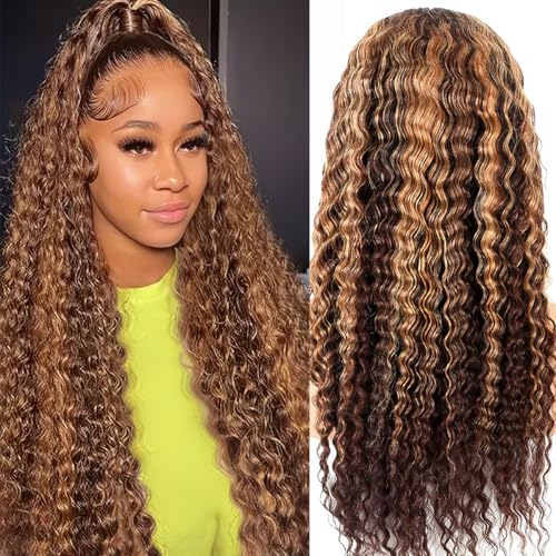 30 Inch Honey Blonde Highlight Ombre Lace Front Wig Human Hair 200% Density 13x6 HD Deep Wave Curly Wig Pre Plucked with Baby Hair