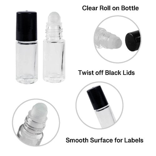 Super Z Outlet Clear (1/6 Oz/5 ml) Plain Glass Container Tubes Roll-On Bottles with Ball Tips and Black Caps for Homemade Lip Care Products, Essential Oils, Cosmetic Gift, Perfumes (24 Pack)