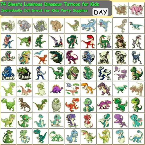 Glow in The Dark Dinosaur Temporary Tattoos for Kids - 74 Individually Sheets Luminous Dinosaur Tattoos for Boys Birthday Party Favors Goodie Bag Fillers