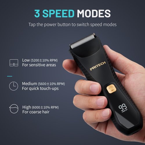 PRITECH Body Hair Trimmer for Men - Waterproof Pubic Hair Ball Trimmer, Ceramic Blade Body Shavers for Men with USB-C Charging, Wet & Dry Use & Nick-Free Design, Sensitive Skin Safe (Black)