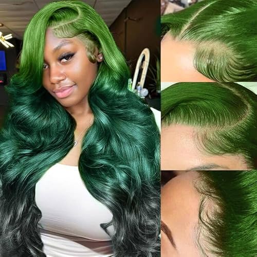 13x4 Ombre Green Lace Front Wig Human Hair Body Wave Glueless HD Lace Front Wigs 3 Tone Light Green to Dark Green Colored for Fashion Women 180% Density 22 Inch